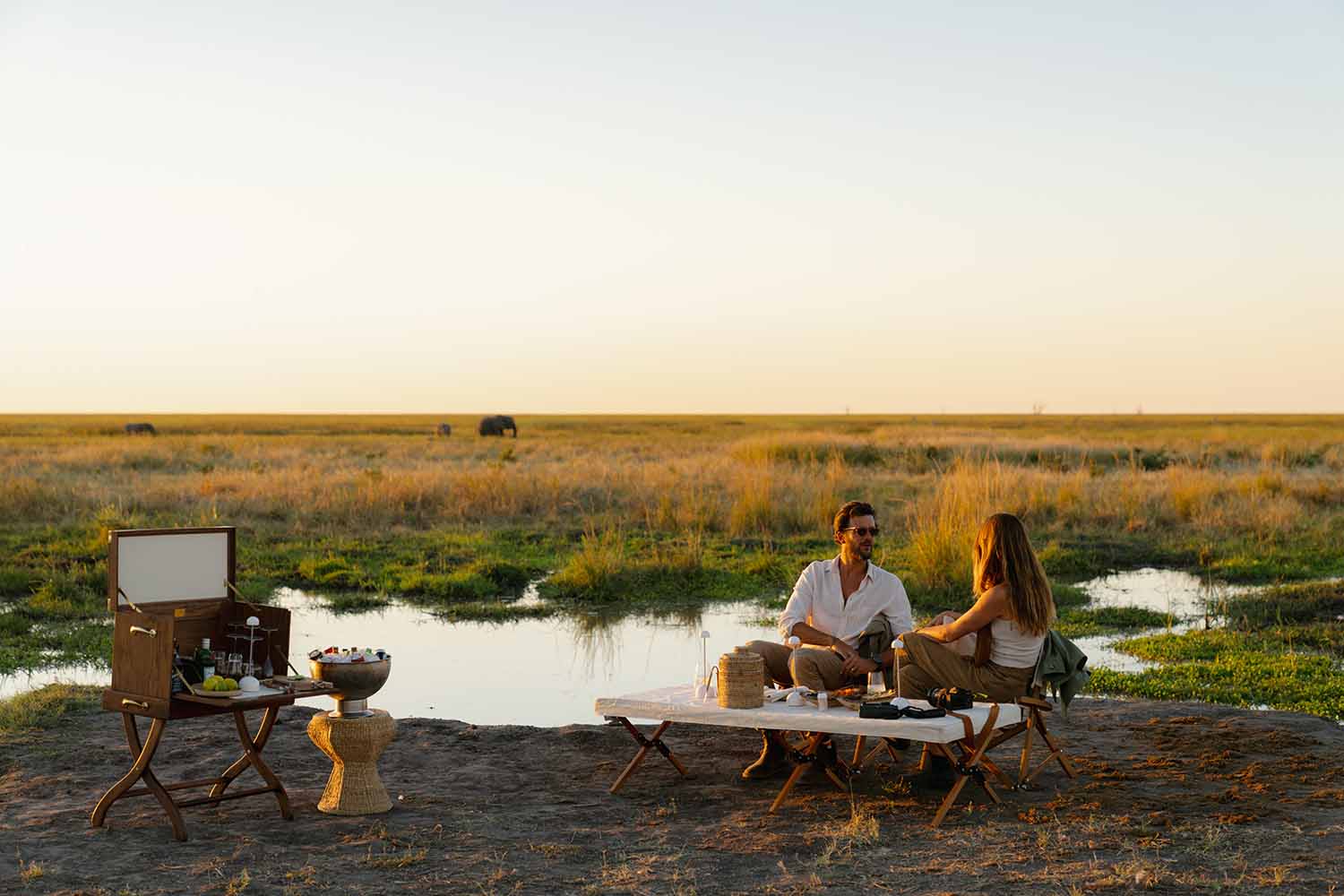 A couple having a picnic in a wildlife conservation